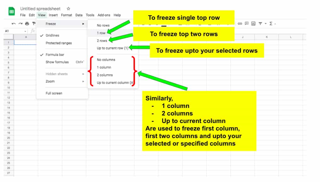 freeze rows or columns in googlesheet
